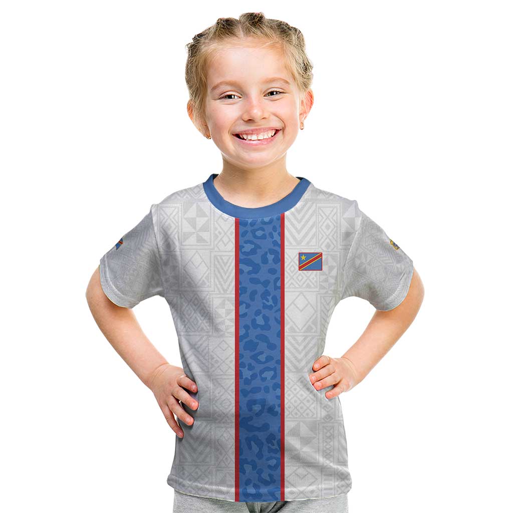 Custom DR Congo Football Kid T Shirt Leopards Mix Kuba Raffia Pattern - Wonder Print Shop