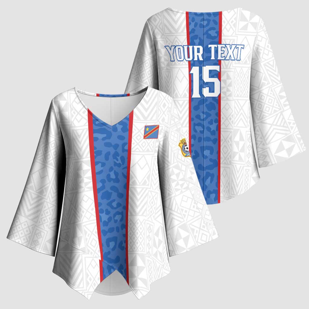 Custom DR Congo Football Kimono Sleeve Blouse Leopards Mix Kuba Raffia Pattern - Wonder Print Shop