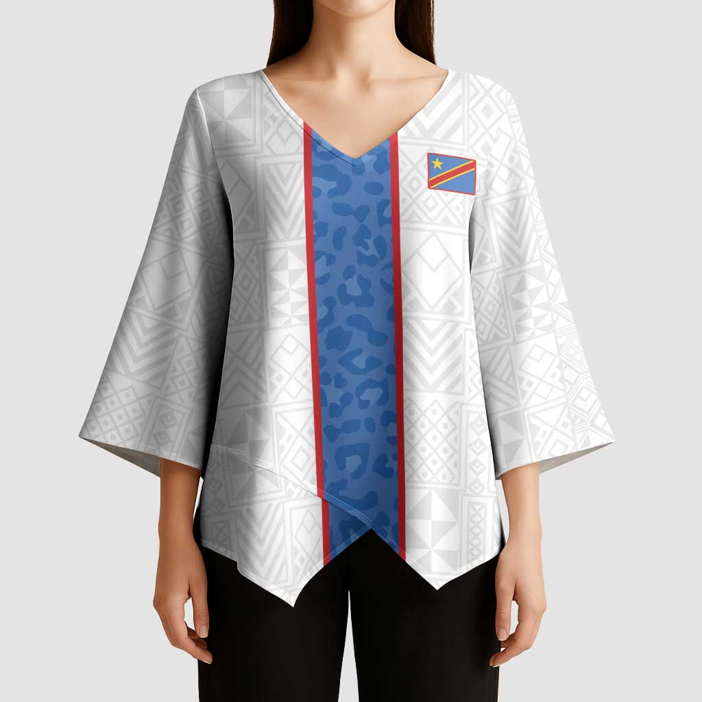 Custom DR Congo Football Kimono Sleeve Blouse Leopards Mix Kuba Raffia Pattern - Wonder Print Shop