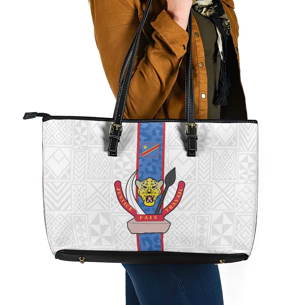 DR Congo Football Leather Tote Bag Leopards Mix Kuba Raffia Pattern - Wonder Print Shop
