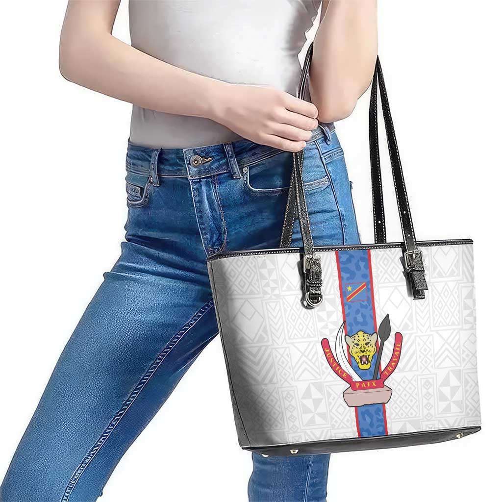 DR Congo Football Leather Tote Bag Leopards Mix Kuba Raffia Pattern - Wonder Print Shop