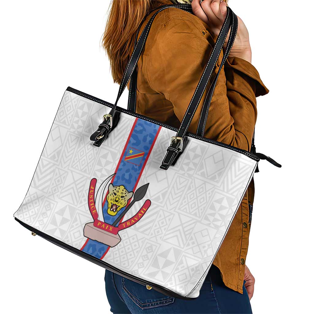DR Congo Football Leather Tote Bag Leopards Mix Kuba Raffia Pattern - Wonder Print Shop