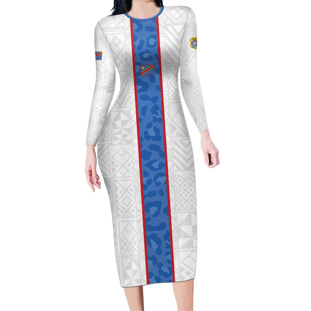 Custom DR Congo Football Long Sleeve Bodycon Dress Leopards Mix Kuba Raffia Pattern - Wonder Print Shop