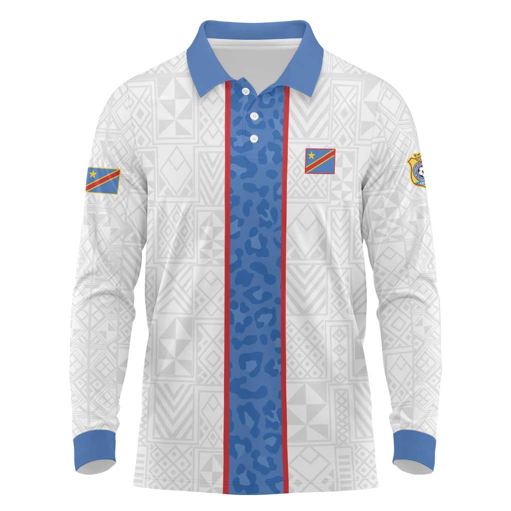 Custom DR Congo Football Long Sleeve Polo Shirt Leopards Mix Kuba Raffia Pattern - Wonder Print Shop