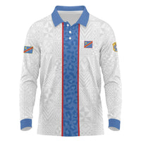 Custom DR Congo Football Long Sleeve Polo Shirt Leopards Mix Kuba Raffia Pattern - Wonder Print Shop