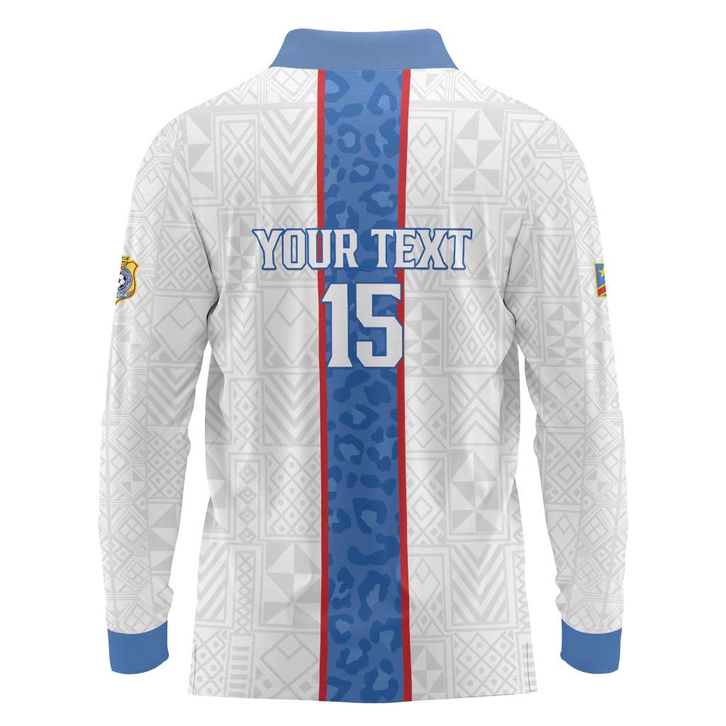 Custom DR Congo Football Long Sleeve Polo Shirt Leopards Mix Kuba Raffia Pattern - Wonder Print Shop