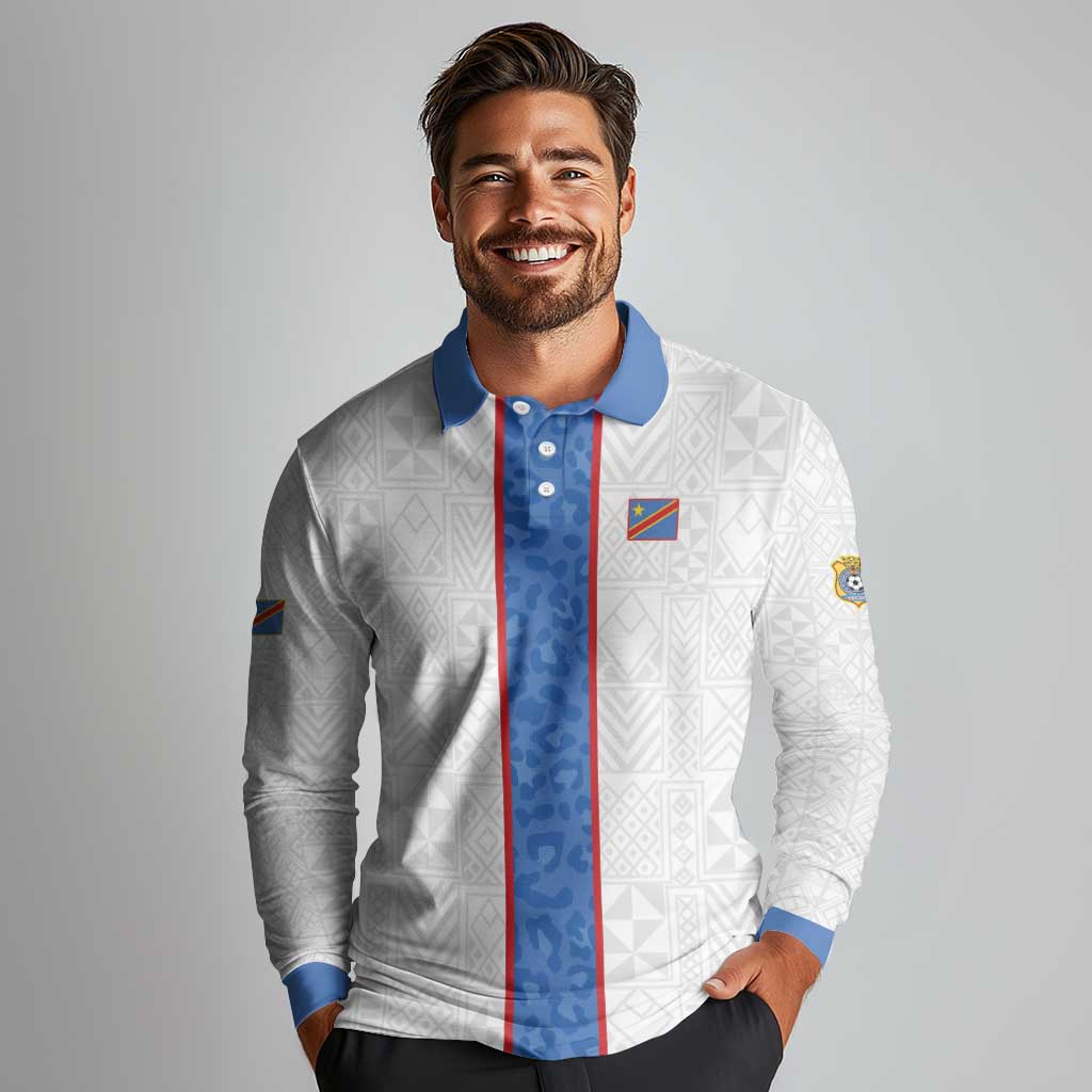Custom DR Congo Football Long Sleeve Polo Shirt Leopards Mix Kuba Raffia Pattern - Wonder Print Shop