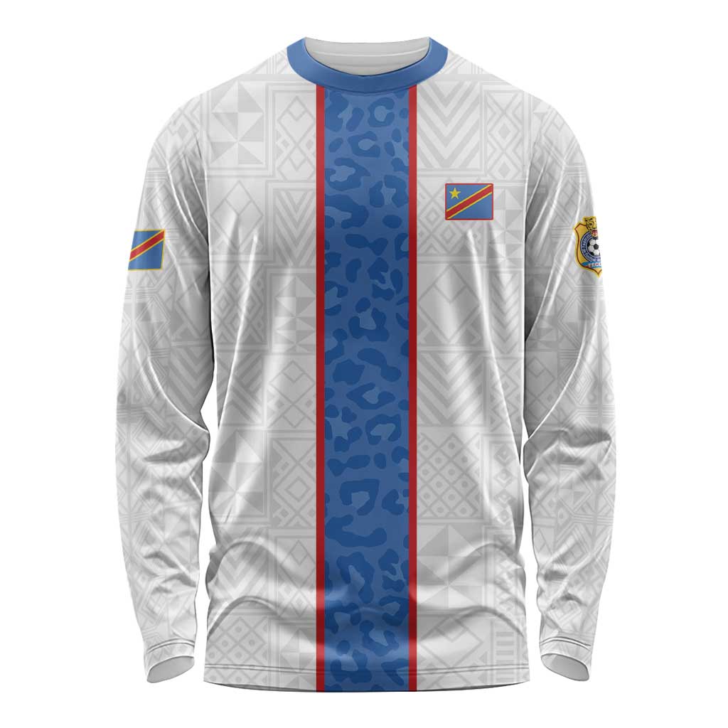 Custom DR Congo Football Long Sleeve Shirt Leopards Mix Kuba Raffia Pattern - Wonder Print Shop