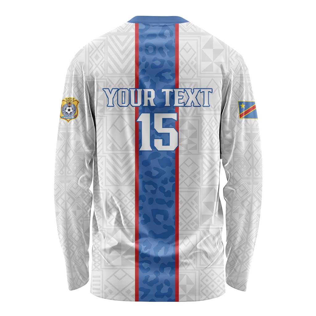 Custom DR Congo Football Long Sleeve Shirt Leopards Mix Kuba Raffia Pattern - Wonder Print Shop