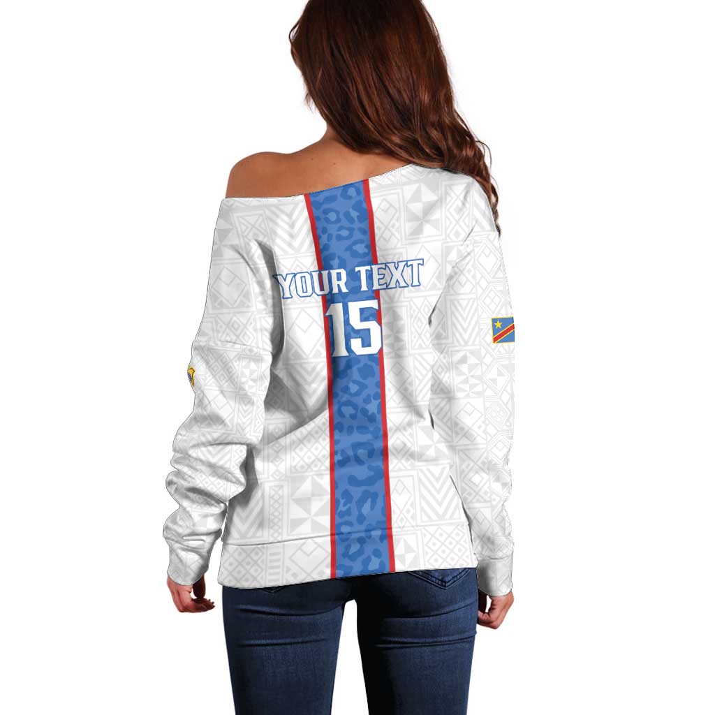 Custom DR Congo Football Off Shoulder Sweater Leopards Mix Kuba Raffia Pattern - Wonder Print Shop