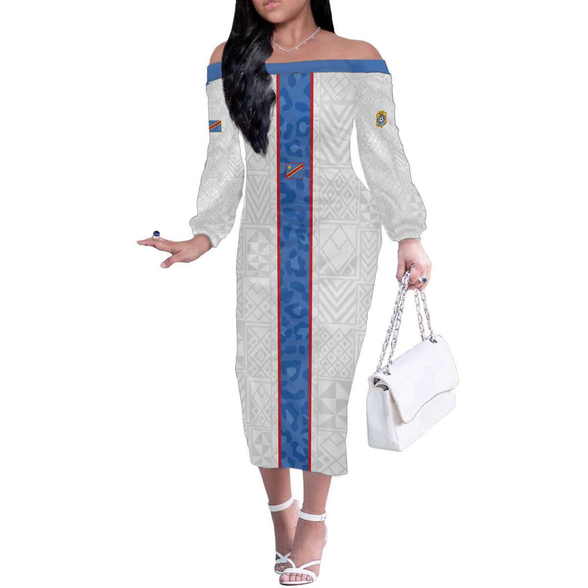 Custom DR Congo Football Off The Shoulder Long Sleeve Dress Leopards Mix Kuba Raffia Pattern - Wonder Print Shop