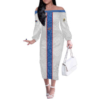Custom DR Congo Football Off The Shoulder Long Sleeve Dress Leopards Mix Kuba Raffia Pattern - Wonder Print Shop