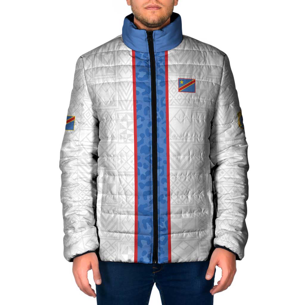 Custom DR Congo Football Padded Jacket Leopards Mix Kuba Raffia Pattern - Wonder Print Shop