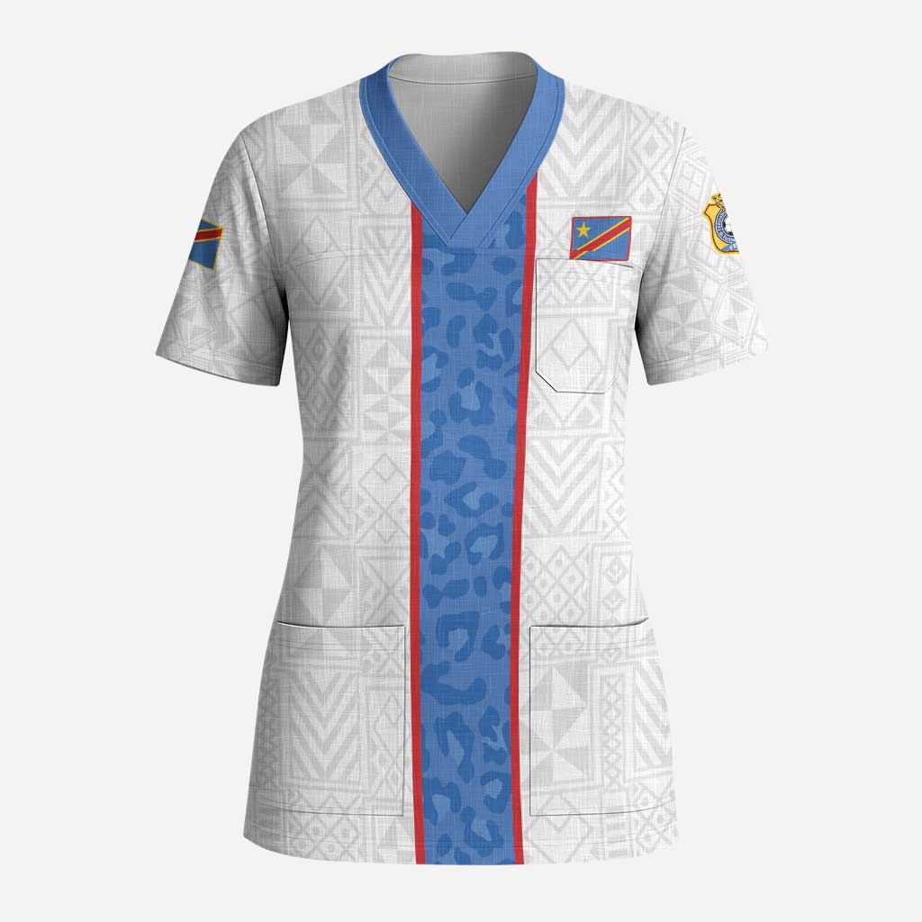 Custom DR Congo Football Scrub Top Leopards Mix Kuba Raffia Pattern - Wonder Print Shop