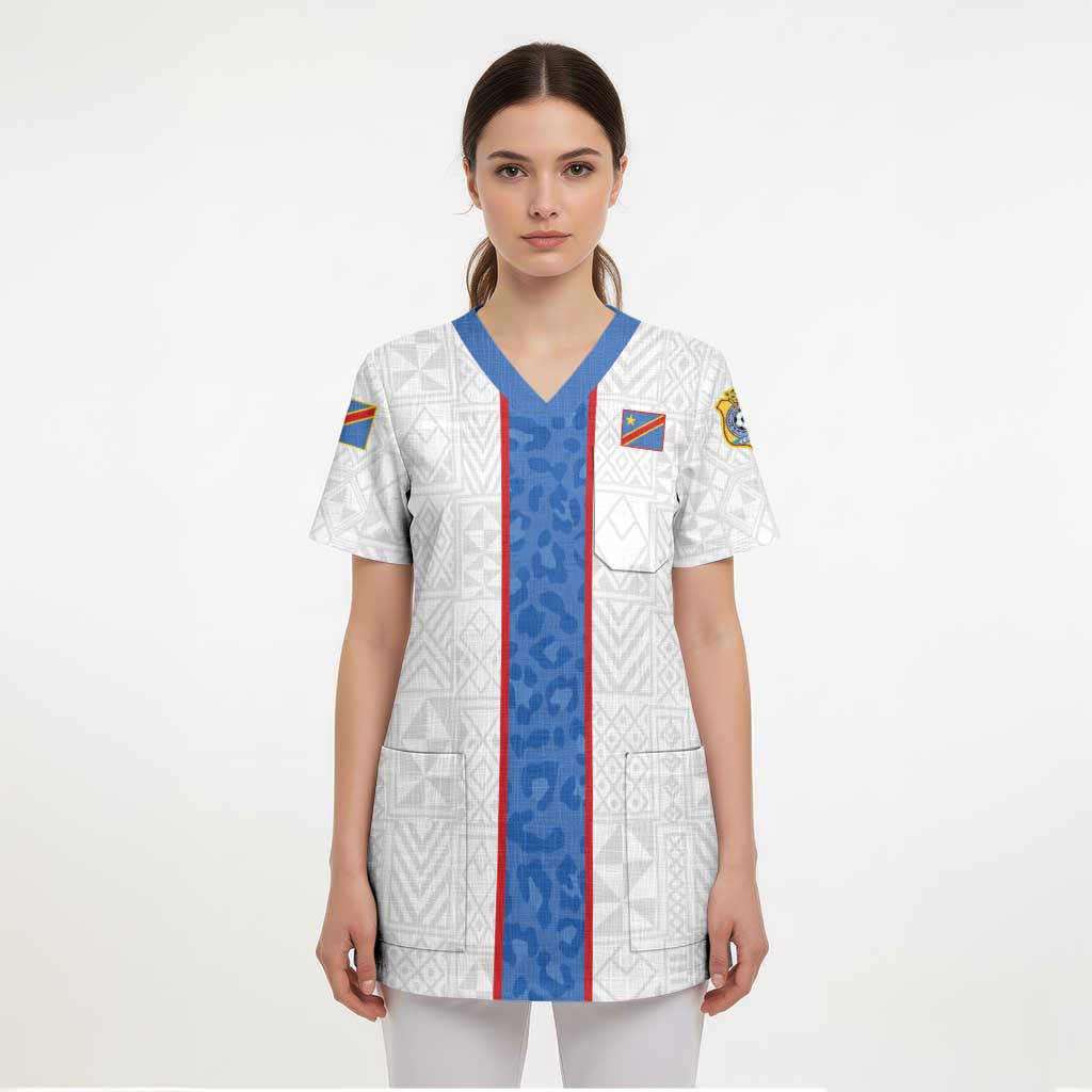 Custom DR Congo Football Scrub Top Leopards Mix Kuba Raffia Pattern - Wonder Print Shop
