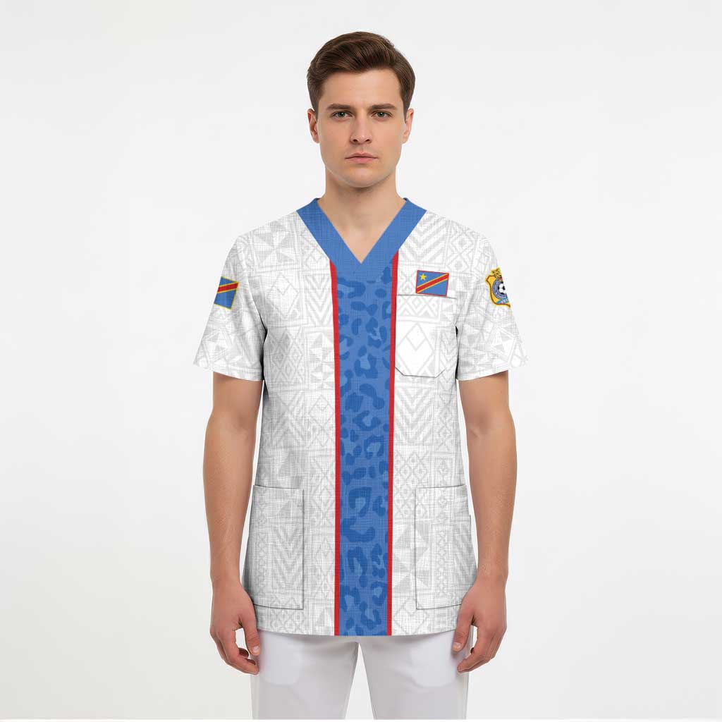 Custom DR Congo Football Scrub Top Leopards Mix Kuba Raffia Pattern - Wonder Print Shop
