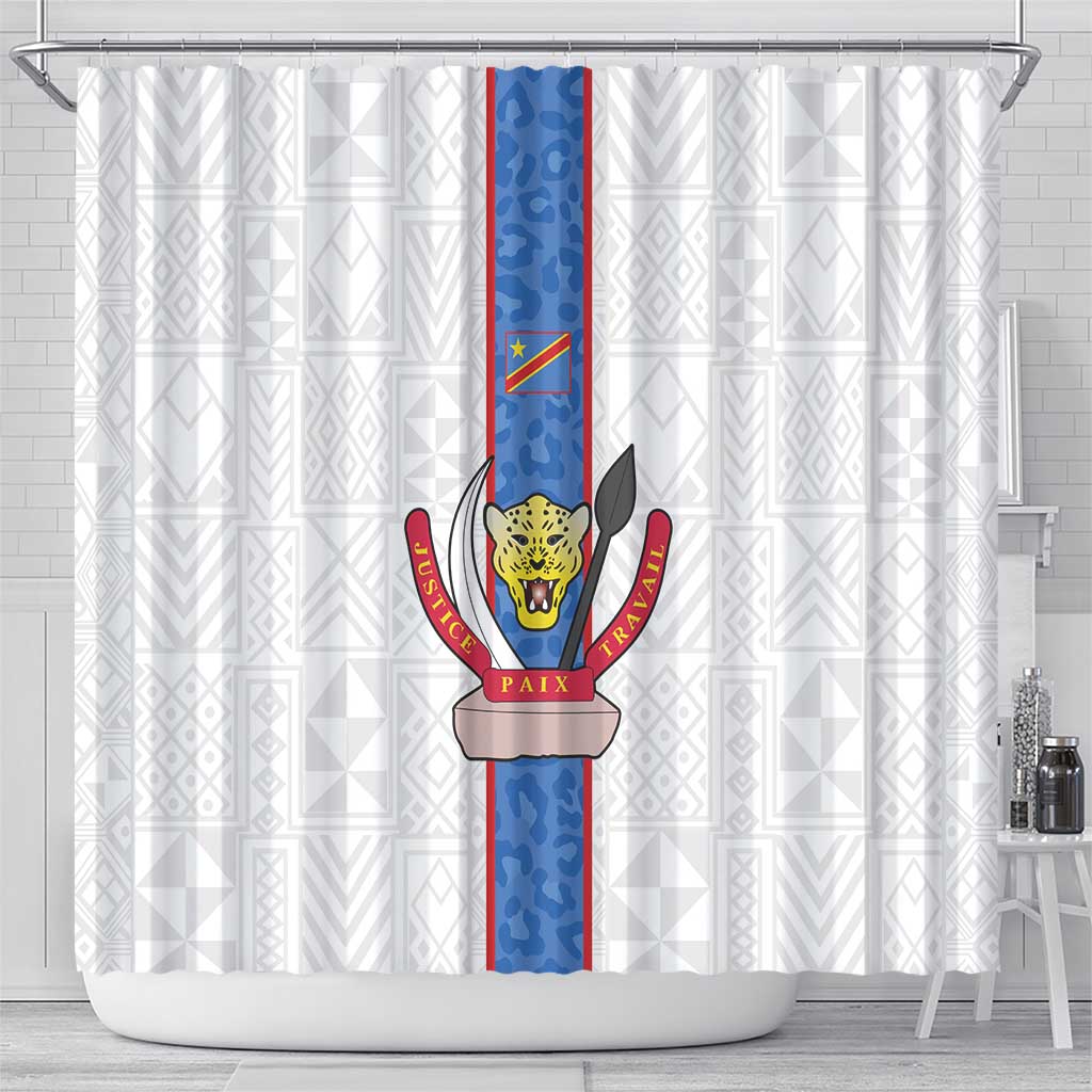 DR Congo Football Shower Curtain Leopards Mix Kuba Raffia Pattern - Wonder Print Shop