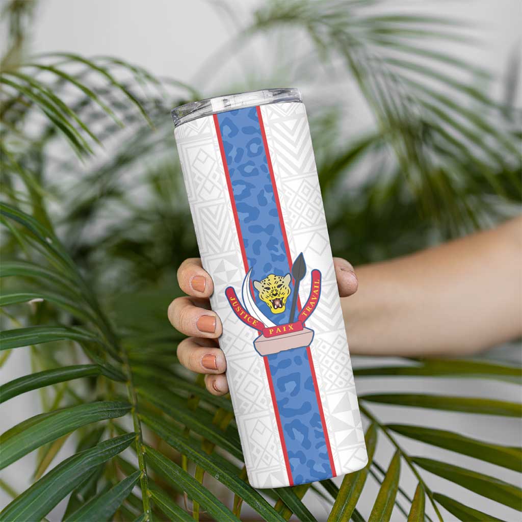 Custom DR Congo Football Skinny Tumbler Leopards Mix Kuba Raffia Pattern - Wonder Print Shop