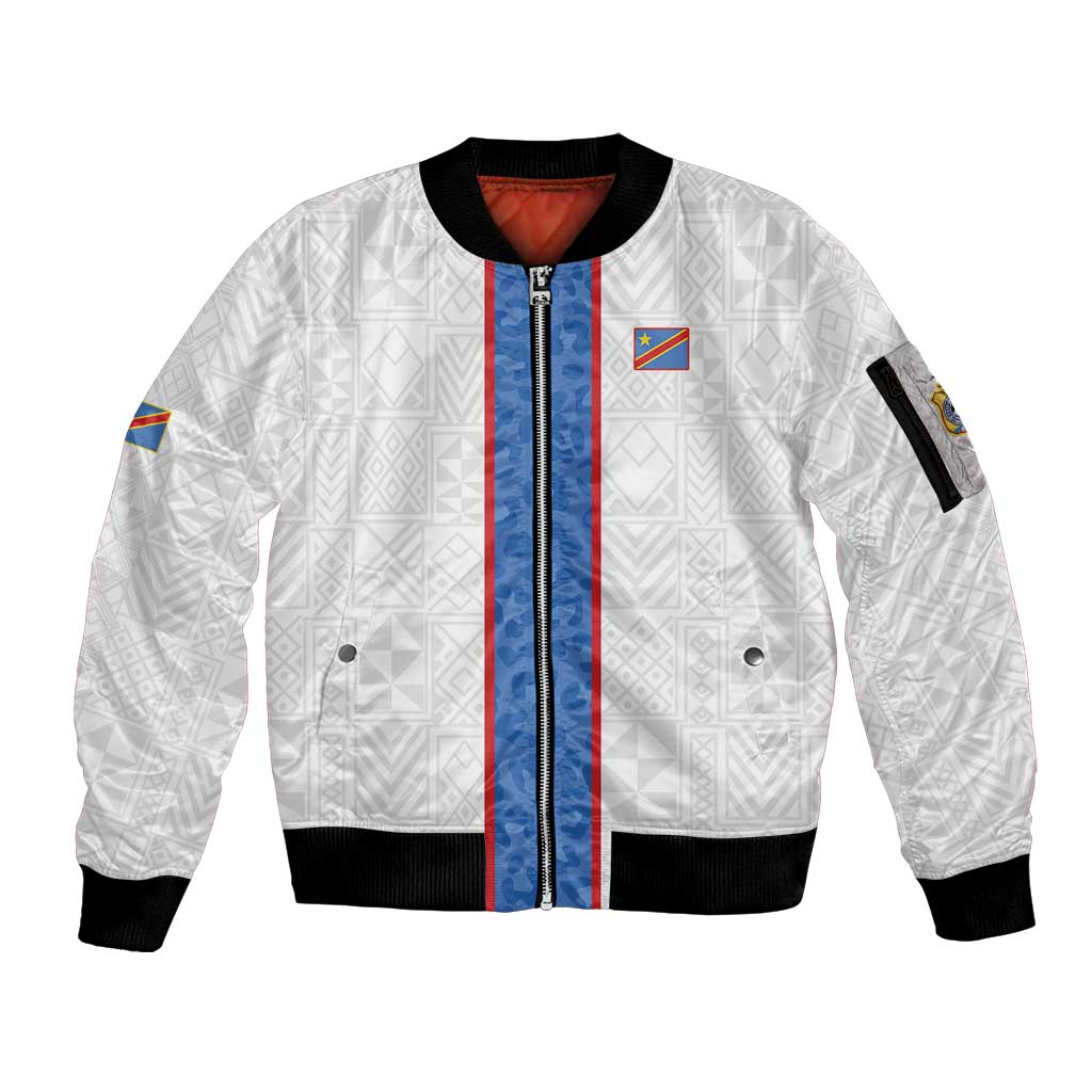 Custom DR Congo Football Sleeve Zip Bomber Jacket Leopards Mix Kuba Raffia Pattern - Wonder Print Shop