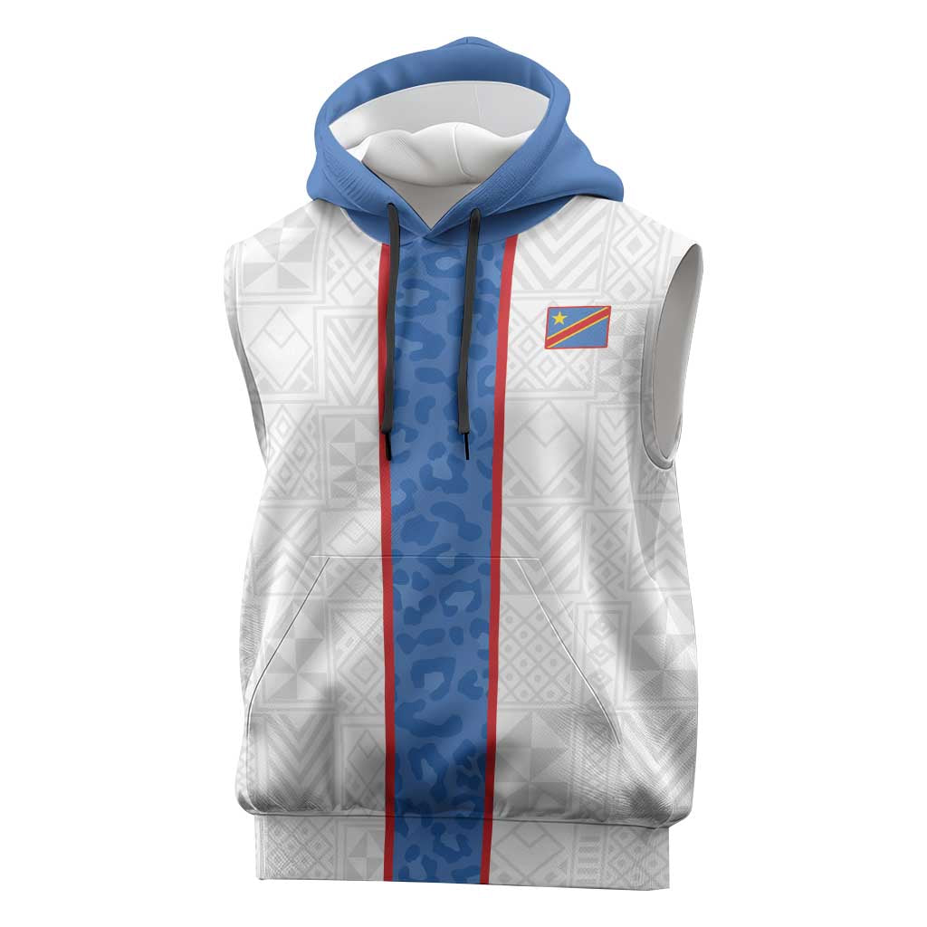 Custom DR Congo Football Sleeveless Hoodie Leopards Mix Kuba Raffia Pattern - Wonder Print Shop