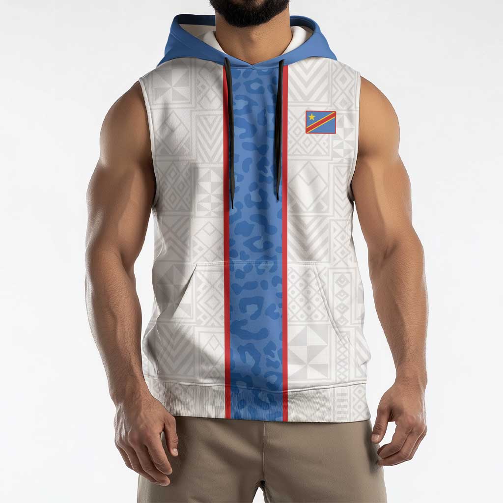 Custom DR Congo Football Sleeveless Hoodie Leopards Mix Kuba Raffia Pattern - Wonder Print Shop