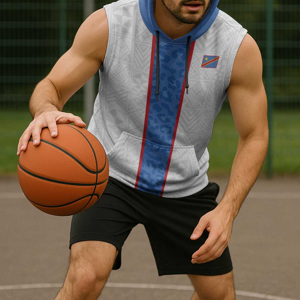 Custom DR Congo Football Sleeveless Hoodie Leopards Mix Kuba Raffia Pattern - Wonder Print Shop