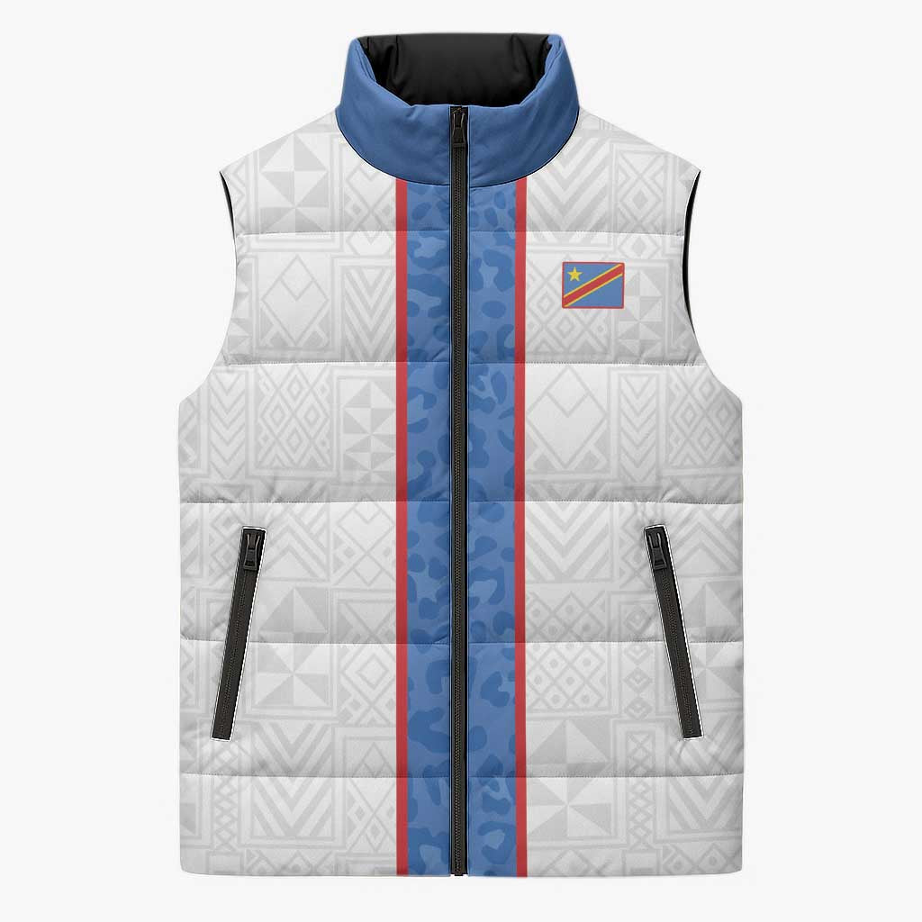 Custom DR Congo Football Sleeveless Puffer Jacket Leopards Mix Kuba Raffia Pattern - Wonder Print Shop