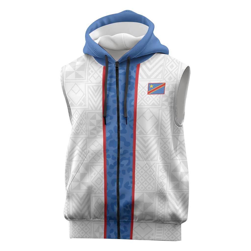 Custom DR Congo Football Sleeveless Zip Hoodie Leopards Mix Kuba Raffia Pattern - Wonder Print Shop