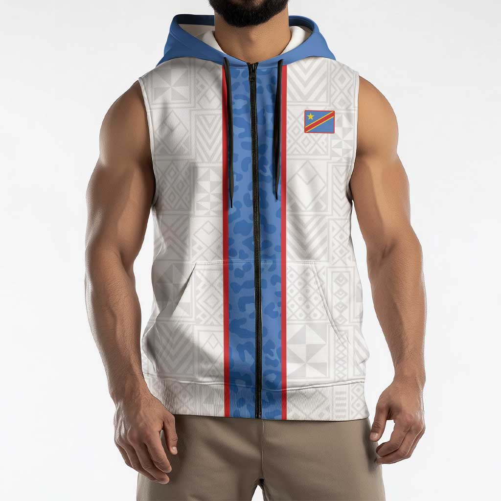 Custom DR Congo Football Sleeveless Zip Hoodie Leopards Mix Kuba Raffia Pattern - Wonder Print Shop