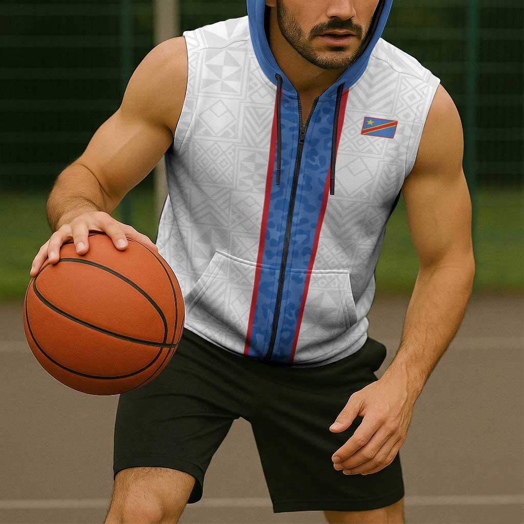 Custom DR Congo Football Sleeveless Zip Hoodie Leopards Mix Kuba Raffia Pattern - Wonder Print Shop