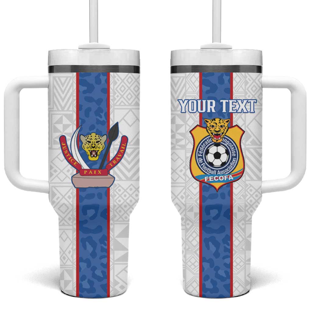 Custom DR Congo Football Tumbler With Handle Leopards Mix Kuba Raffia Pattern - Wonder Print Shop