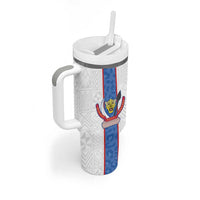 Custom DR Congo Football Tumbler With Handle Leopards Mix Kuba Raffia Pattern - Wonder Print Shop