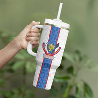 Custom DR Congo Football Tumbler With Handle Leopards Mix Kuba Raffia Pattern - Wonder Print Shop