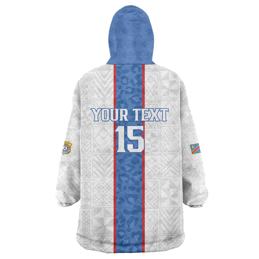 Custom DR Congo Football Wearable Blanket Hoodie Leopards Mix Kuba Raffia Pattern - Wonder Print Shop