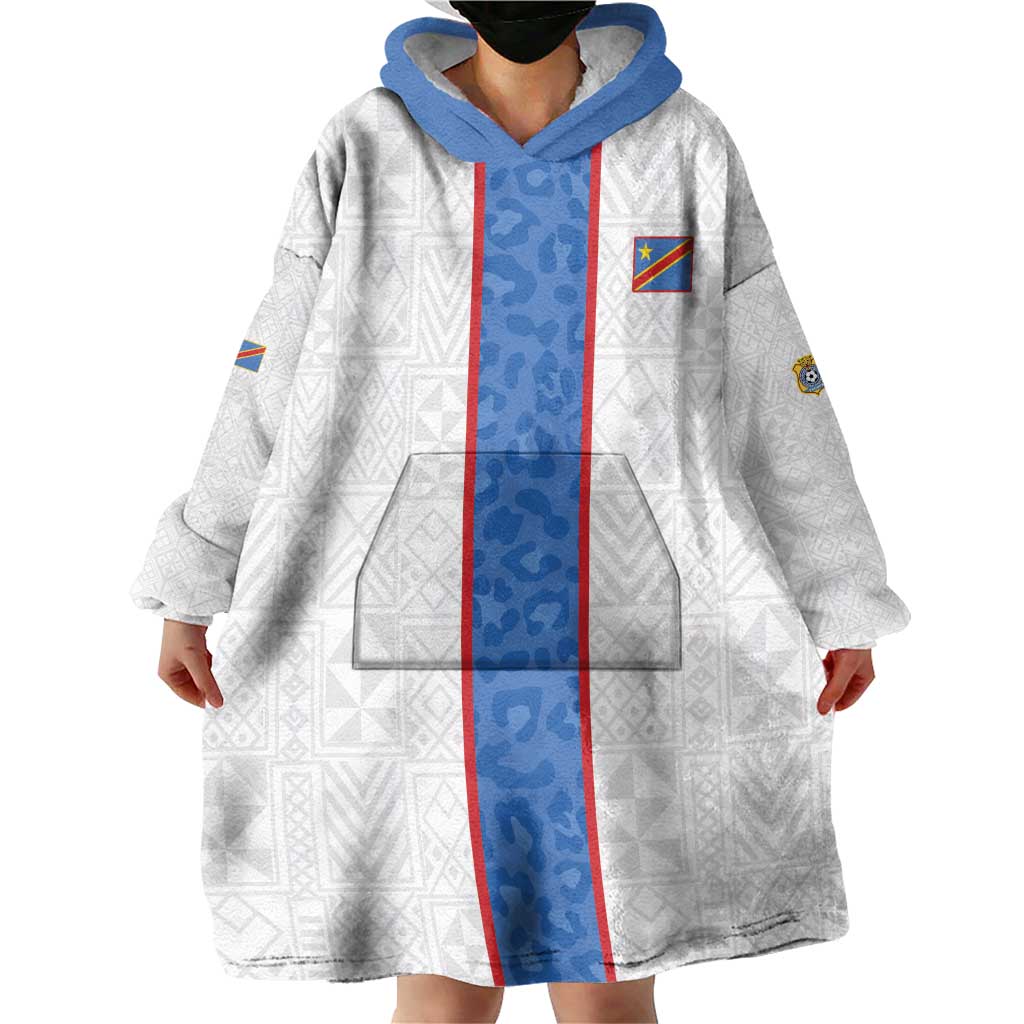 Custom DR Congo Football Wearable Blanket Hoodie Leopards Mix Kuba Raffia Pattern - Wonder Print Shop