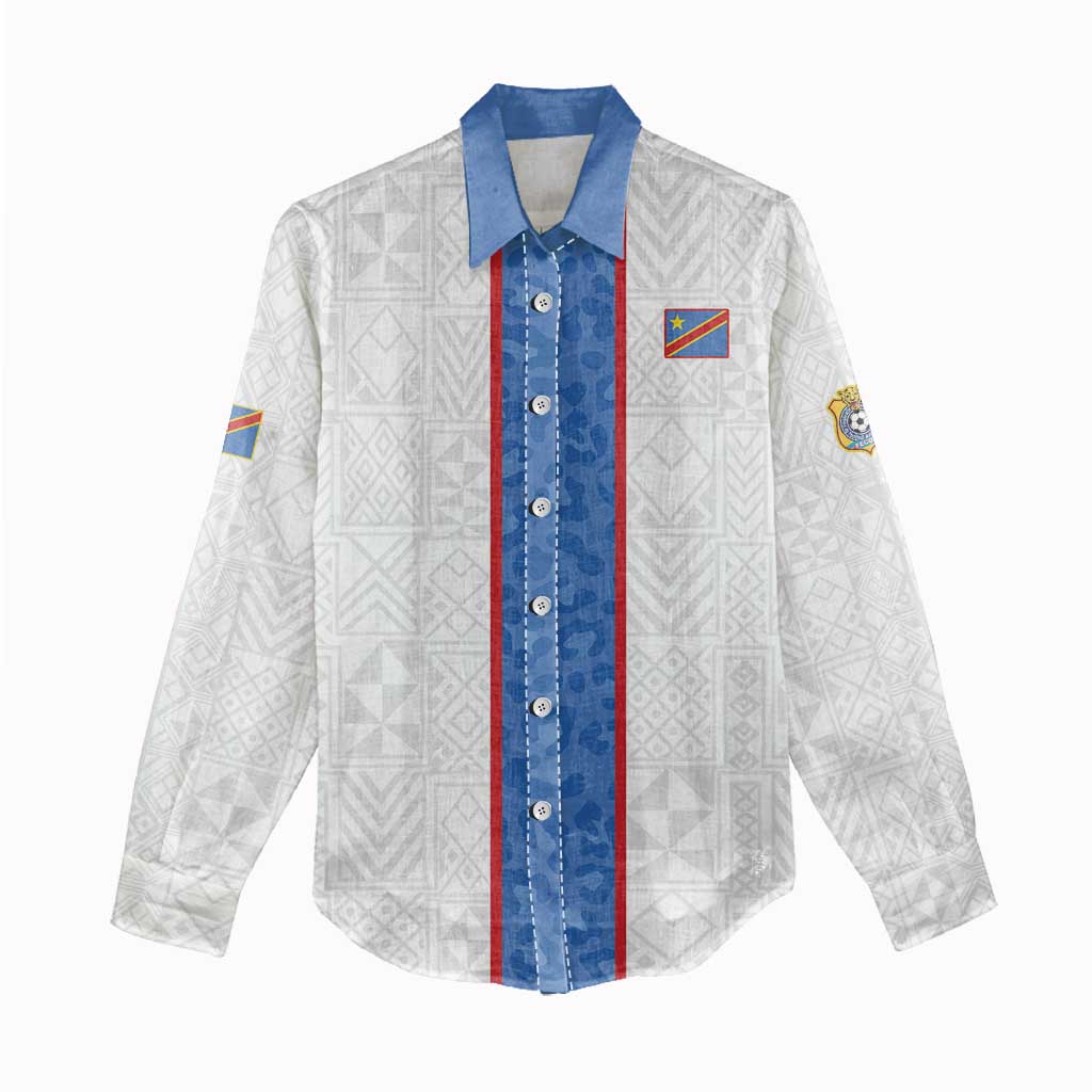 Custom DR Congo Football Women Casual Shirt Leopards Mix Kuba Raffia Pattern - Wonder Print Shop