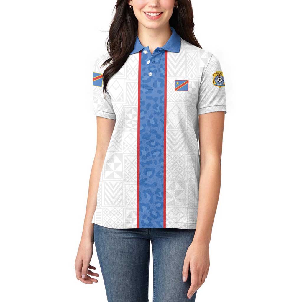 Custom DR Congo Football Women Polo Shirt Leopards Mix Kuba Raffia Pattern - Wonder Print Shop