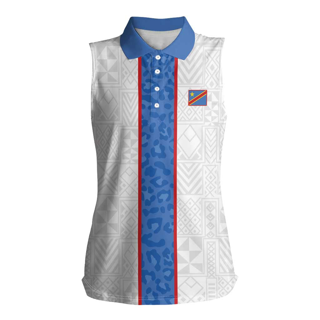 Custom DR Congo Football Women Sleeveless Polo Shirt Leopards Mix Kuba Raffia Pattern - Wonder Print Shop