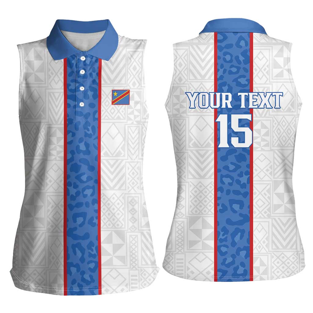 Custom DR Congo Football Women Sleeveless Polo Shirt Leopards Mix Kuba Raffia Pattern - Wonder Print Shop