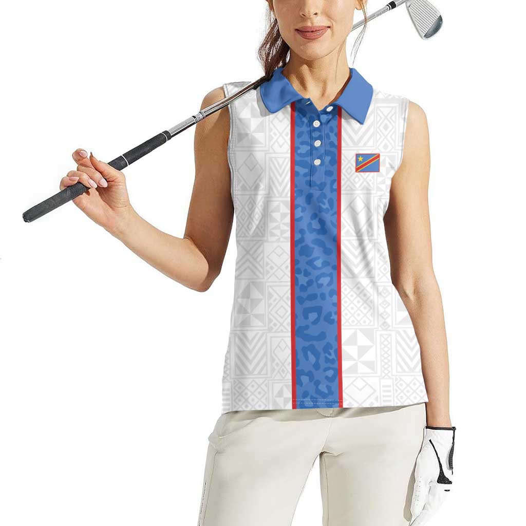 Custom DR Congo Football Women Sleeveless Polo Shirt Leopards Mix Kuba Raffia Pattern - Wonder Print Shop