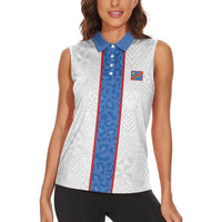 Custom DR Congo Football Women Sleeveless Polo Shirt Leopards Mix Kuba Raffia Pattern - Wonder Print Shop