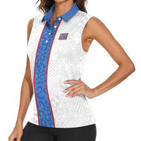 Custom DR Congo Football Women Sleeveless Polo Shirt Leopards Mix Kuba Raffia Pattern - Wonder Print Shop
