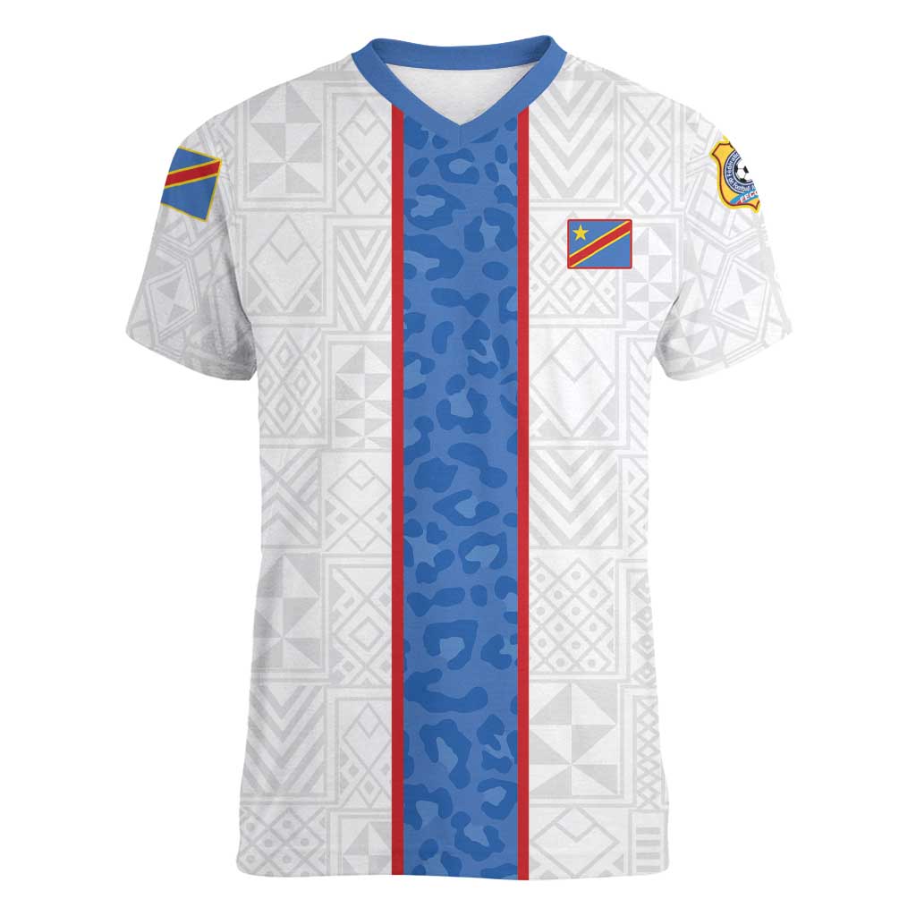 Custom DR Congo Football Women V-Neck T-Shirt Leopards Mix Kuba Raffia Pattern - Wonder Print Shop