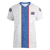Custom DR Congo Football Women V-Neck T-Shirt Leopards Mix Kuba Raffia Pattern - Wonder Print Shop
