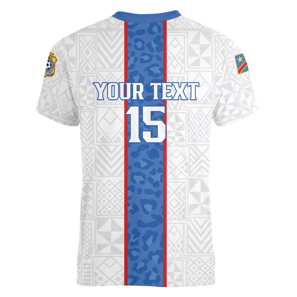 Custom DR Congo Football Women V-Neck T-Shirt Leopards Mix Kuba Raffia Pattern - Wonder Print Shop