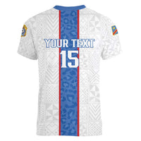 Custom DR Congo Football Women V-Neck T-Shirt Leopards Mix Kuba Raffia Pattern - Wonder Print Shop