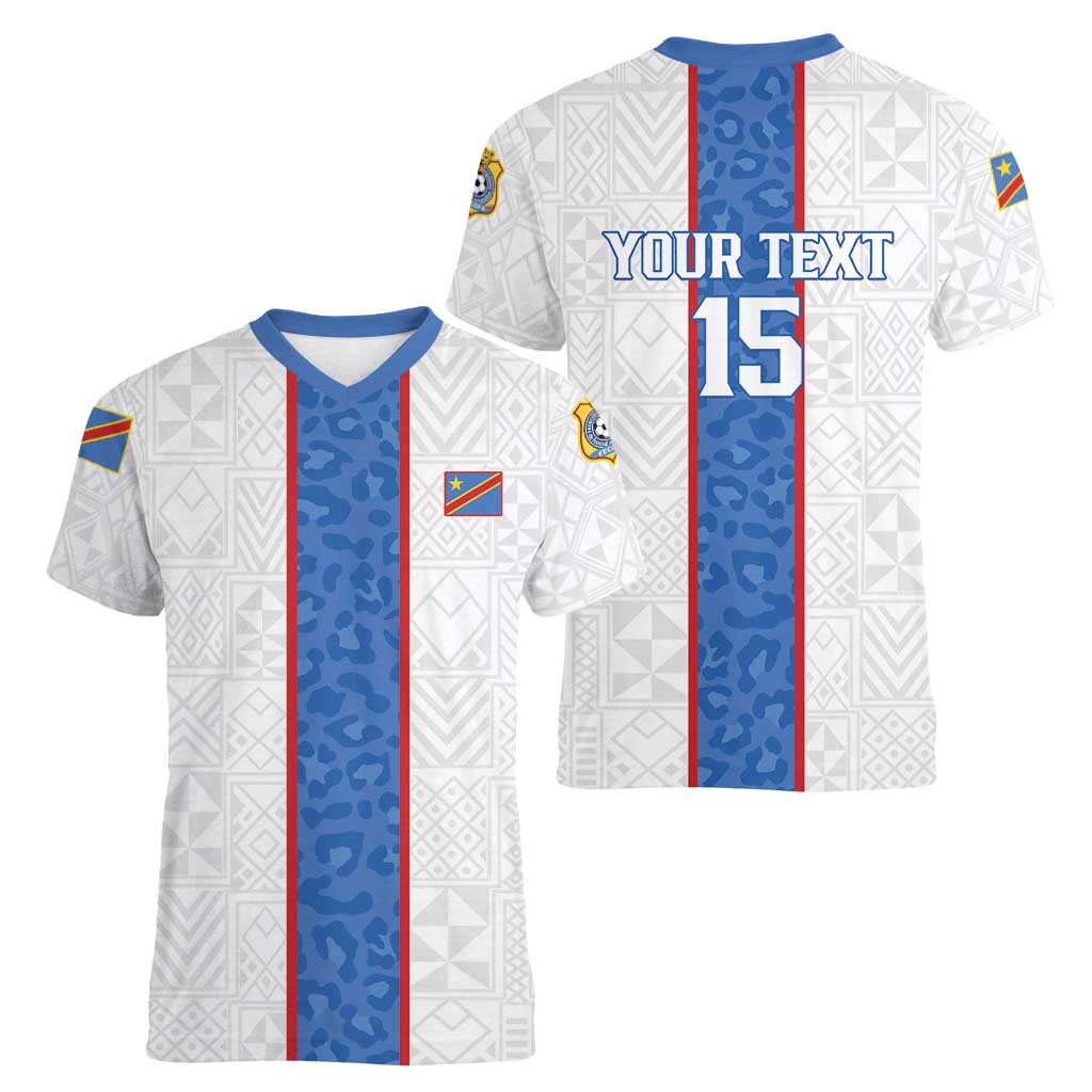Custom DR Congo Football Women V-Neck T-Shirt Leopards Mix Kuba Raffia Pattern - Wonder Print Shop
