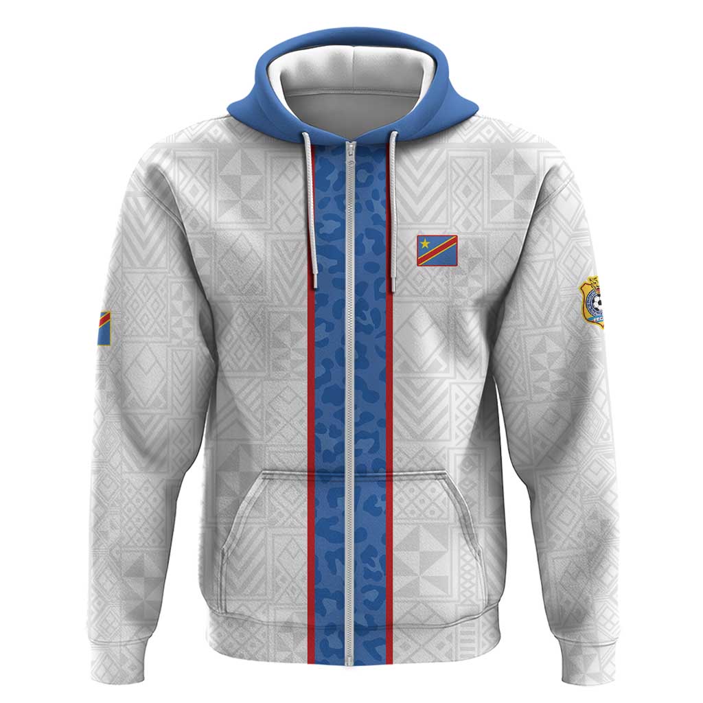 Custom DR Congo Football Zip Hoodie Leopards Mix Kuba Raffia Pattern - Wonder Print Shop