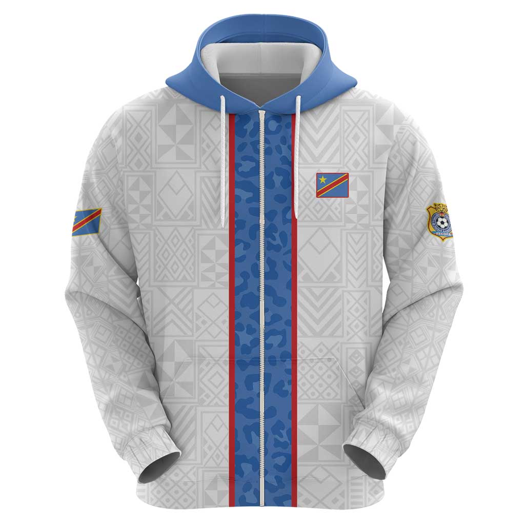 Custom DR Congo Football Zip Hoodie Leopards Mix Kuba Raffia Pattern - Wonder Print Shop