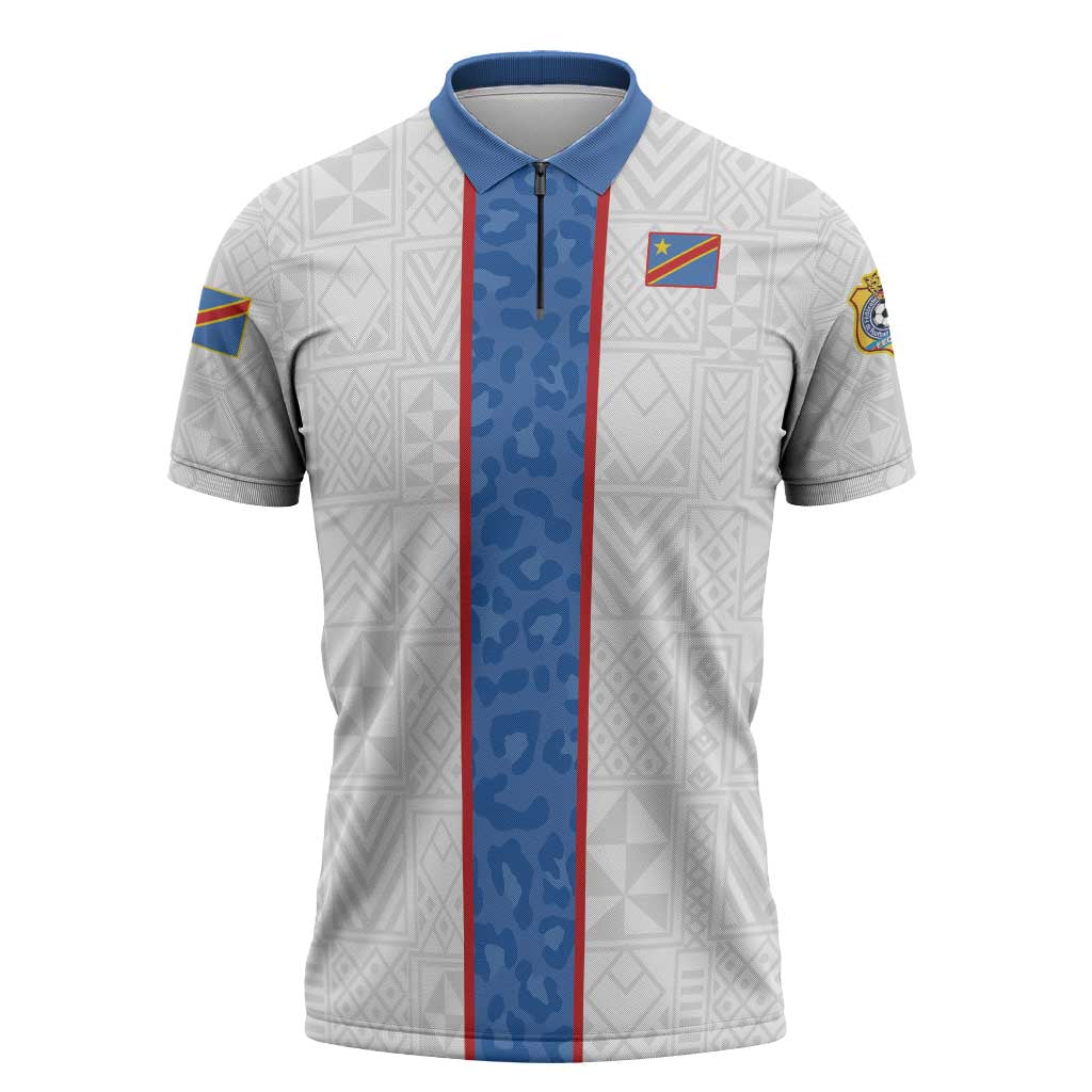 Custom DR Congo Football Zipper Polo Shirt Leopards Mix Kuba Raffia Pattern - Wonder Print Shop